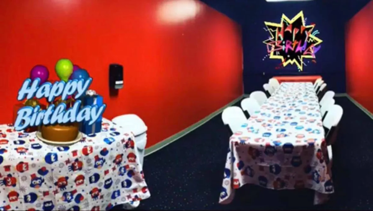 Private party room with tables and colorful chairs at Southern Lanes