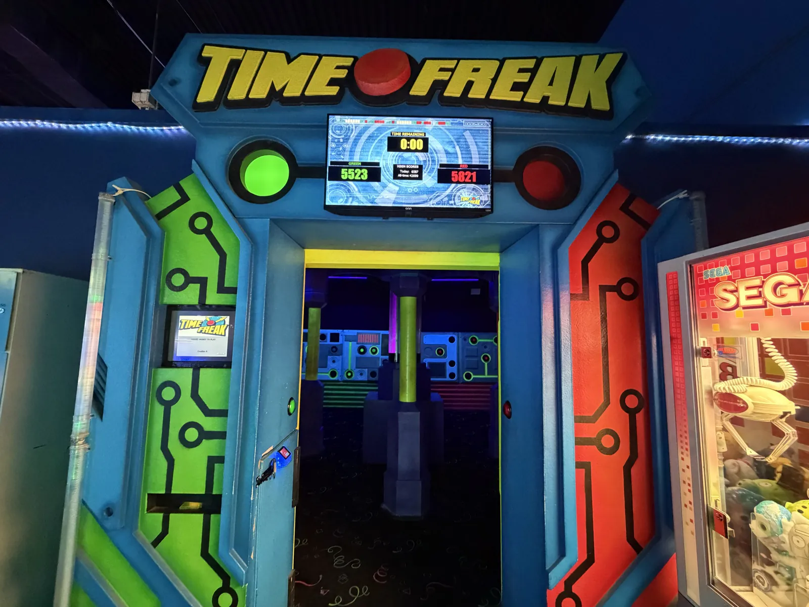 Time Freak attraction entrance and glowing arcade machines at Southern Lanes Bowling Green
