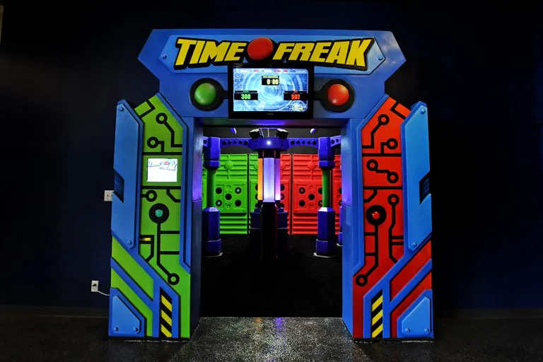 Illuminated Time Freak doorway inside the Southern Lanes arcade